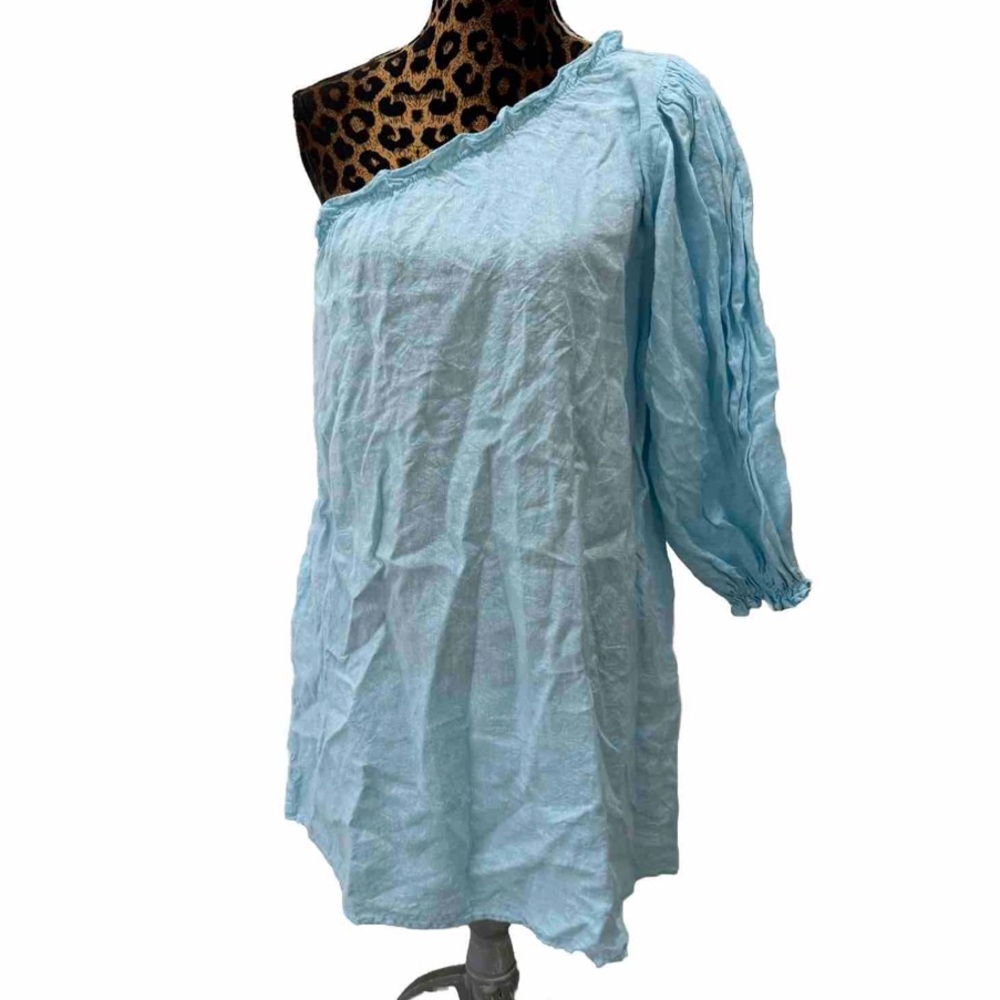 Lake Milly  Dress Blue Linen Size XXS One Shoulder Long Sleeve Coastal Fairy
